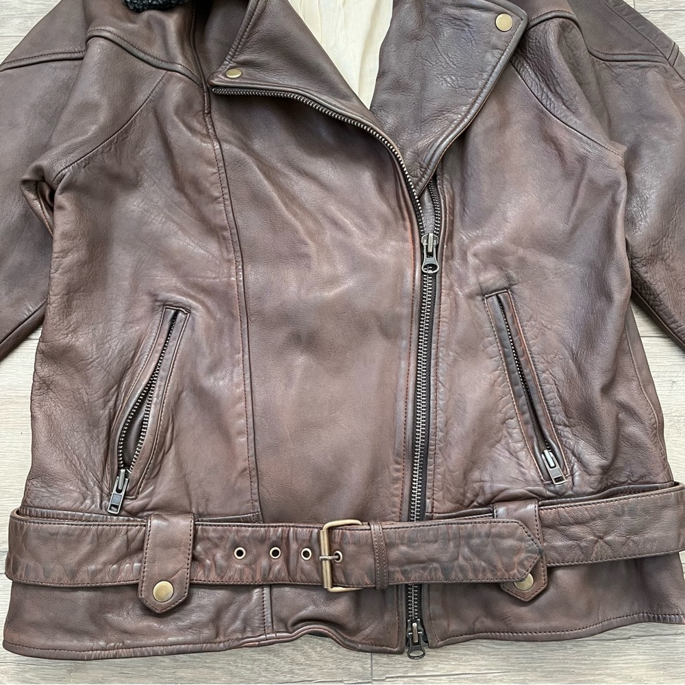 NWOT Free People Rori Slouchy Moto Genuine Leather Jacket with Sherpa Collar - Picture 6 of 9
